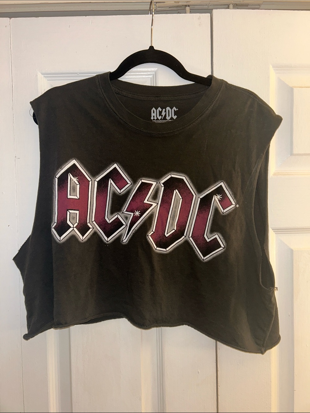 AC/DC Black Crop Muscle Tee with Burgundy Logo Accent